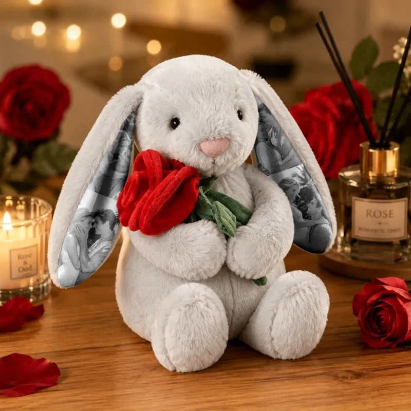 Foto-Plüschhase mit roter Rose – Personalisierte Geschenke für Paare