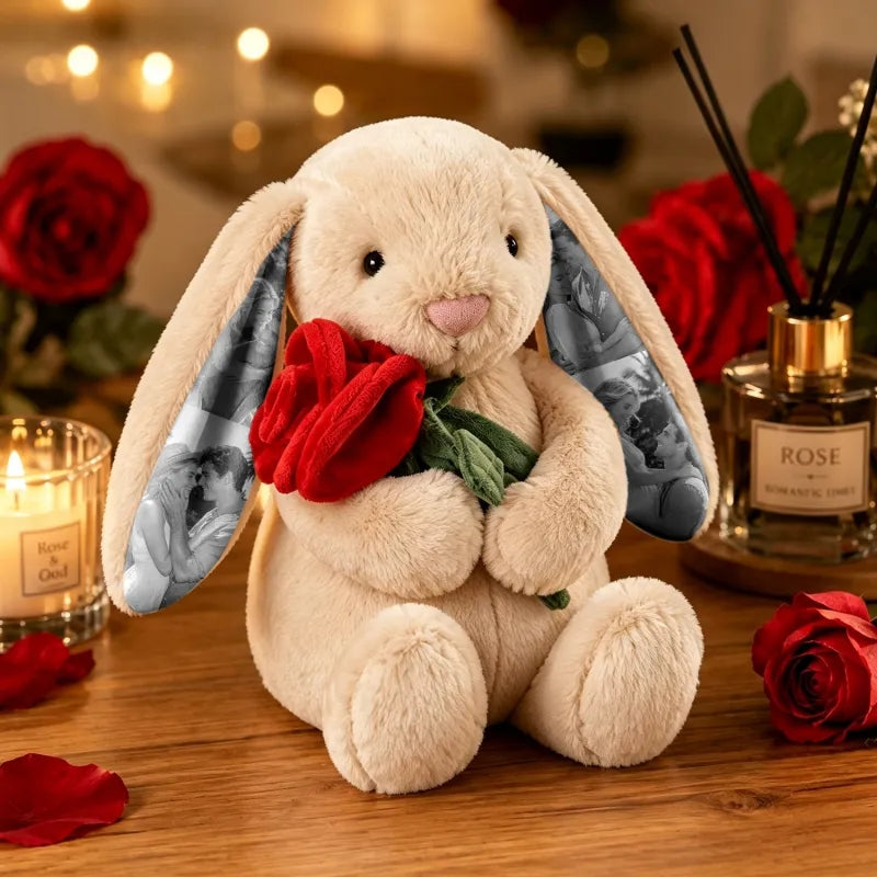Foto-Plüschhase mit roter Rose – Personalisierte Geschenke für Paare