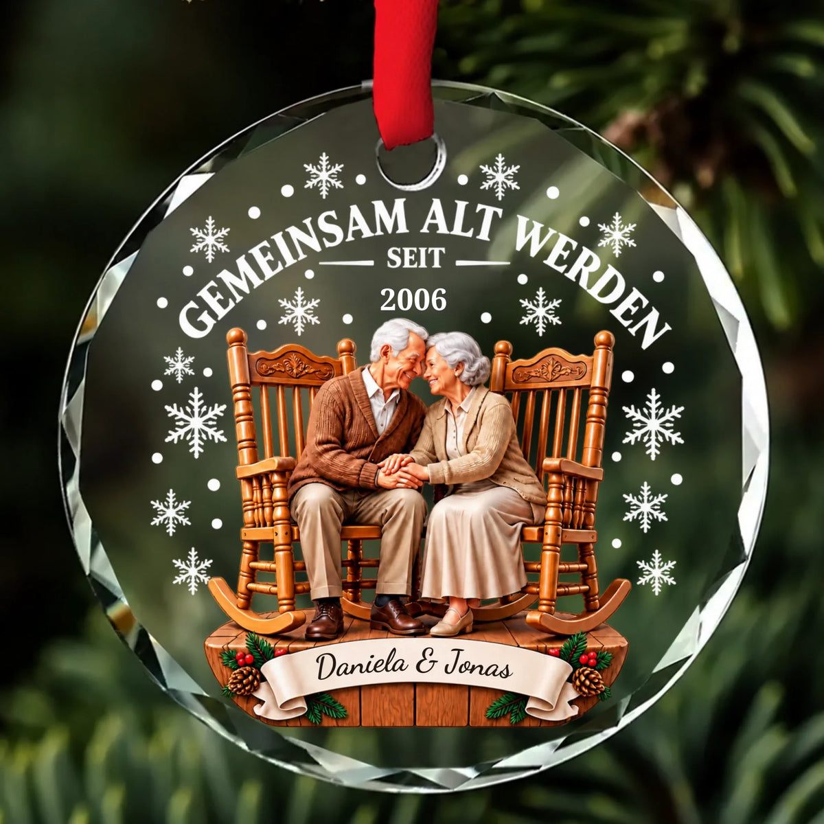 Gemeinsam alt werden – Glasornament mit Namen und Jahr