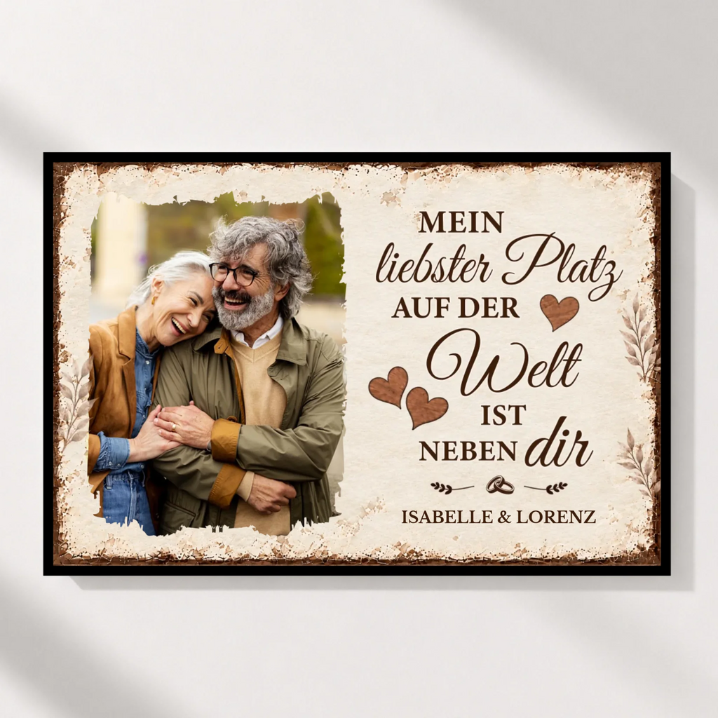 Personalisiertes Poster im Querformat mit Paarfoto und Namen, ohne Rahmen
