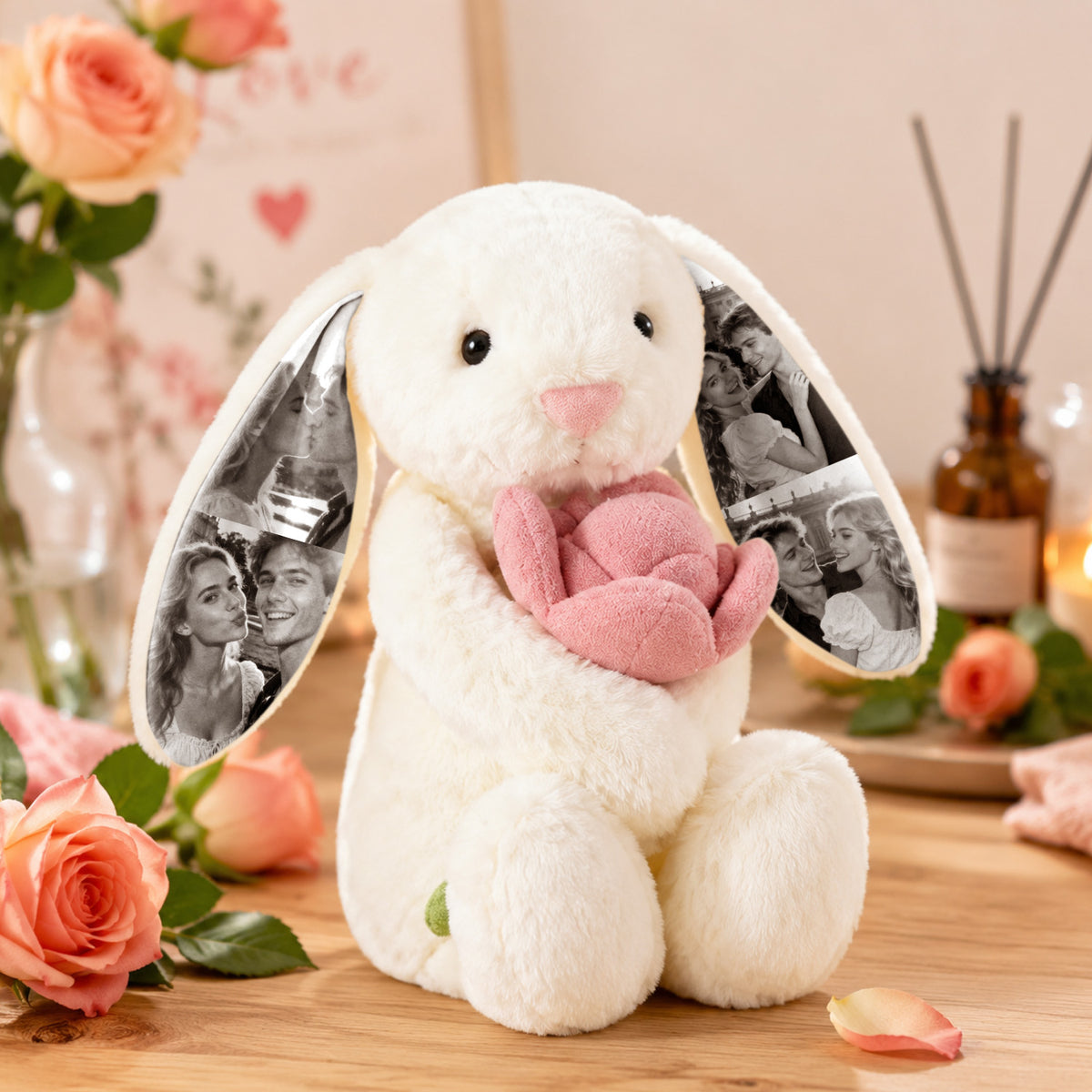 Foto-Plüschhase mit rosa Rose – Personalisierte Geschenke für Paare