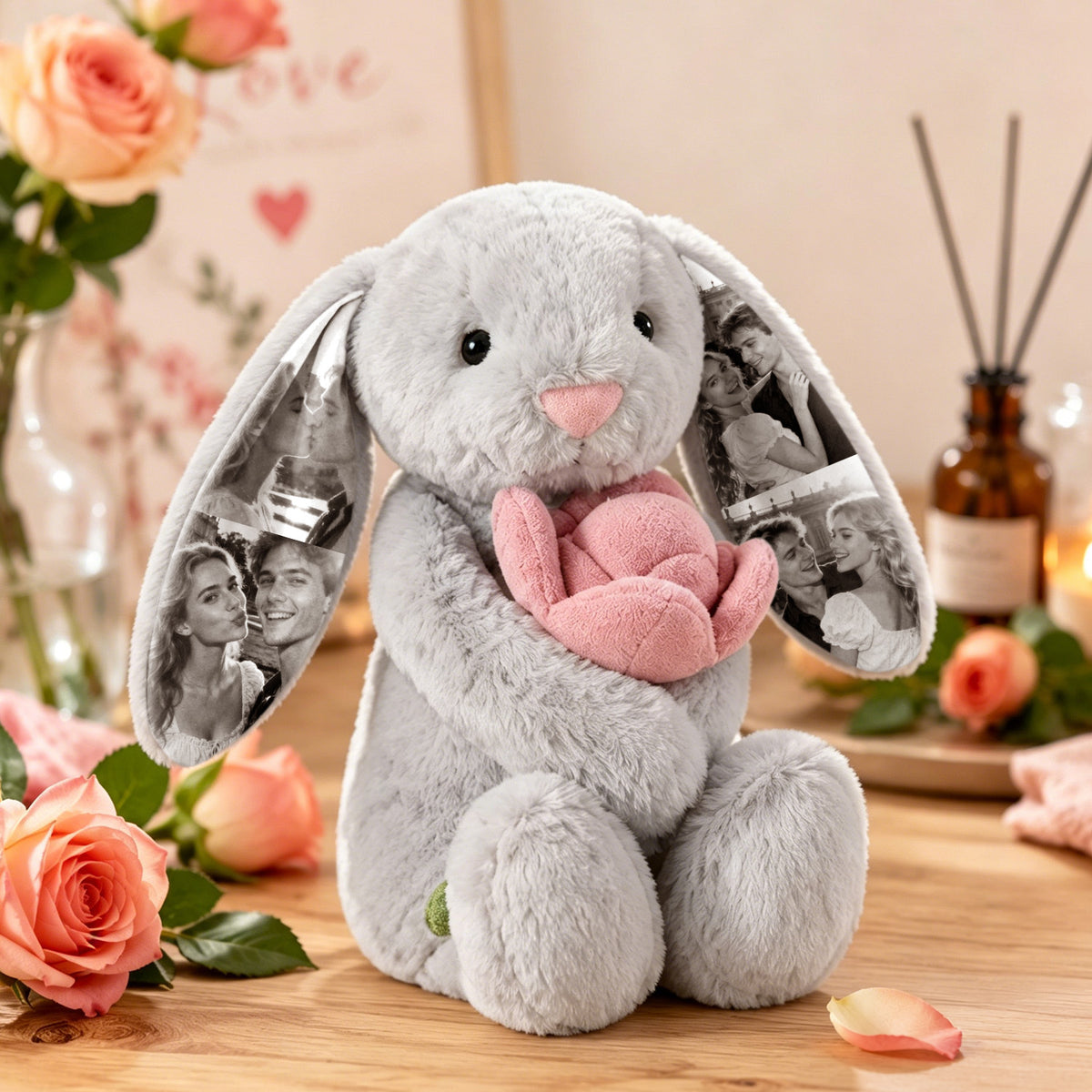 Foto-Plüschhase mit rosa Rose – Personalisierte Geschenke für Paare