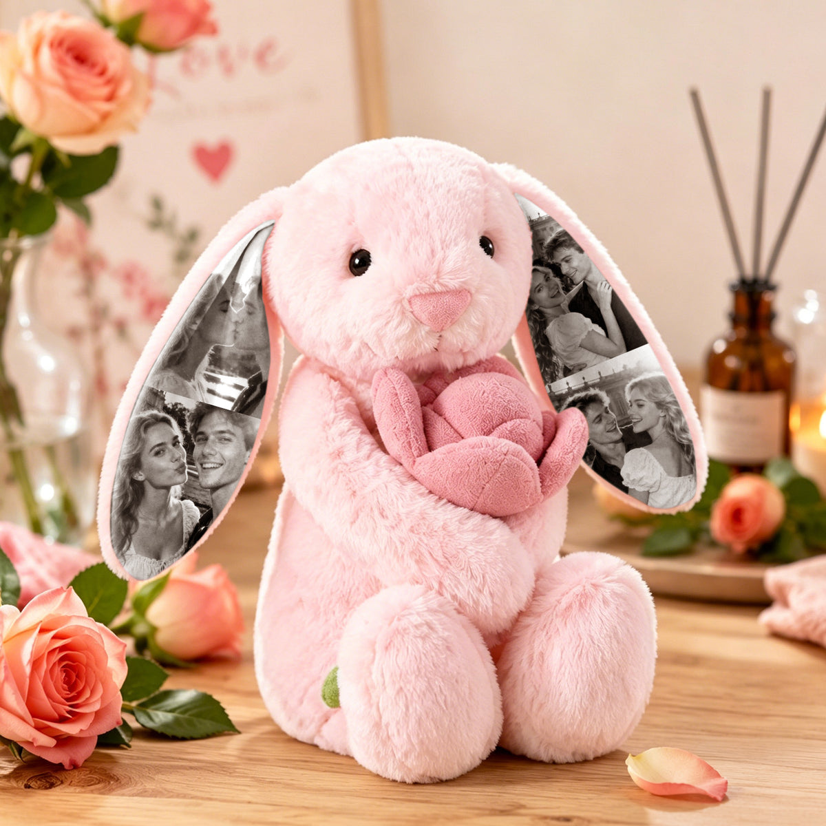 Foto-Plüschhase mit rosa Rose – Personalisierte Geschenke für Paare