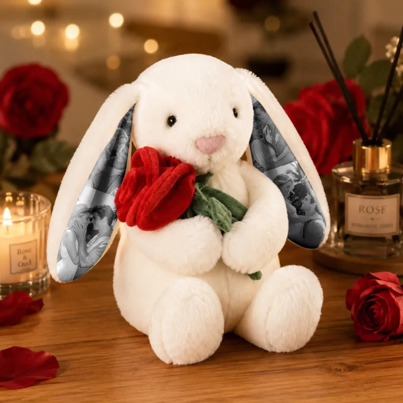 Foto-Plüschhase mit roter Rose – Personalisierte Geschenke für Paare